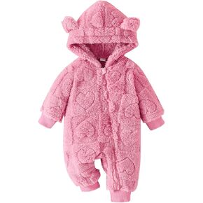 allshope Newborn Fluffy Baby Girl Winter Romper Solid Color Plush Hooded Long Sleeve Jumpsuit Bodysuit Infant Fall Clothes in Saudi Arabia