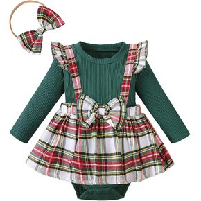 Baby Girl Clothes Sets: 2 Piece Long Sleeve Top Plaid Romper with Headband Fall Winter Outfit for Infant 0-24 Months in Kuwait
