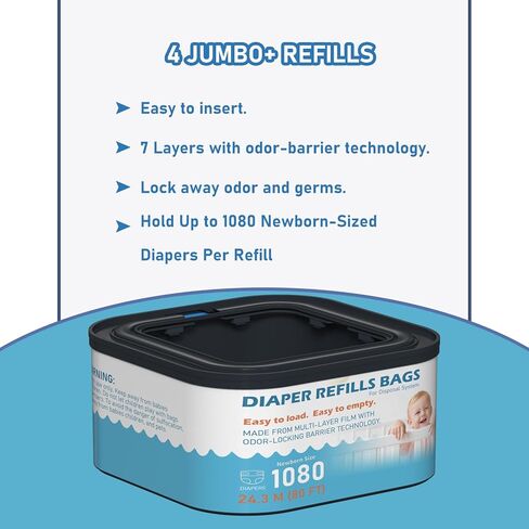 Jumbo+ Square Refills Disposal Bags Refill Compatible with Diaper Genie Compact and Select Pails (Not Fit Classic Version Pails), Hold Up to 1080 Newborn-Sized Diapers Per Refill, Pack of 4 in Kuwait
