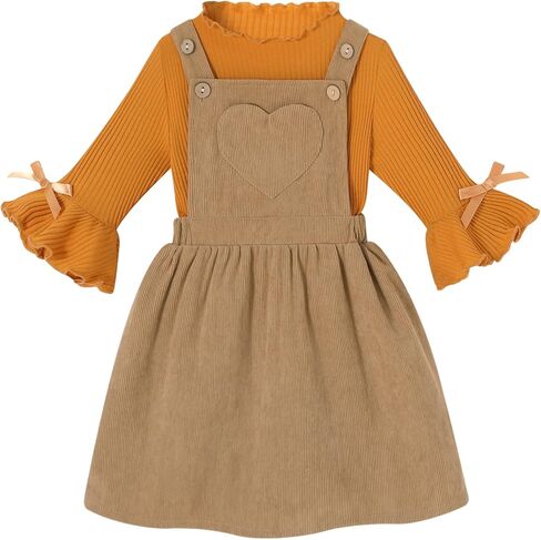 Toddler Baby Girl Fall Overall Dress 3/4 Flare Sleeve Shirt Corduroy Skirt Jumper 2Pcs Autumn Outfit Sets 1-5T in Saudi Arabia