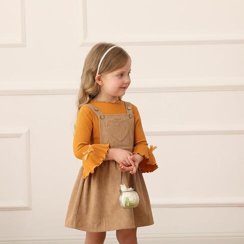 Toddler Baby Girl Fall Overall Dress 3/4 Flare Sleeve Shirt Corduroy Skirt Jumper 2Pcs Autumn Outfit Sets 1-5T in Saudi Arabia