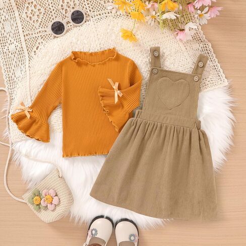 Toddler Baby Girl Fall Overall Dress 3/4 Flare Sleeve Shirt Corduroy Skirt Jumper 2Pcs Autumn Outfit Sets 1-5T in Saudi Arabia