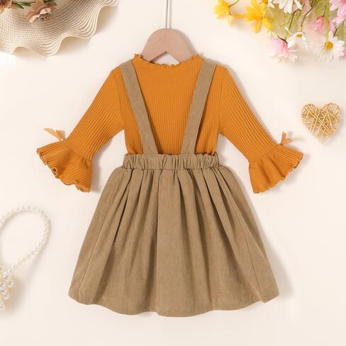 Toddler Baby Girl Fall Overall Dress 3/4 Flare Sleeve Shirt Corduroy Skirt Jumper 2Pcs Autumn Outfit Sets 1-5T in Saudi Arabia