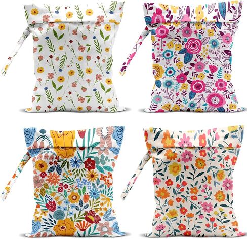 4 Pack Cute Wet Bag Waterproof Washable Reusable Wet Dry Bag for Swimsuit Dirty Clothes Diaper Travel Beach Pool Yoga Gym Christmas PartyToiletries Beach Essentials, Forest Fox Cat Daisy Wildflower in Kuwait