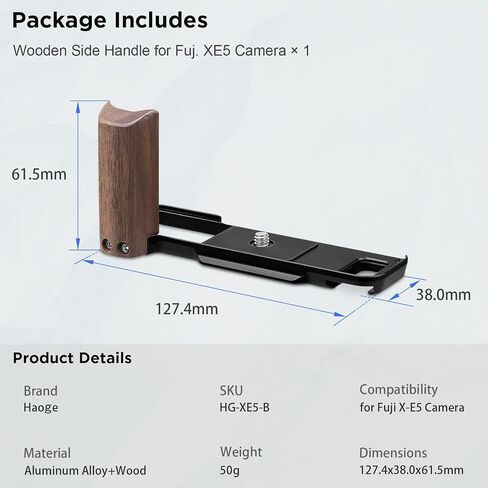 Haoge X-E5 Grip Wooden Side Handle for Fujifilm XE5 Camera - L-Shape Retro Premium Wood Grip with Quick Release Plate, Extra Tripod 1/4 Hole & Hot Shoe Hole Black HG-XE5-B in Saudi Arabia