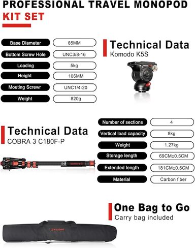Ifootage COBRA 3 MONOPOD KIT مع رأس السوائل C180F -P + K5S ، Monopod ألياف الكربون مع أقدام لكاميرات DSLR - Canon ، Nikon ، Sony ، Olympus ، Panasonic - أقصى ارتفاع 71 " - حمولة 17.64 رطل/8 كجم/8 كجم in Saudi Arabia