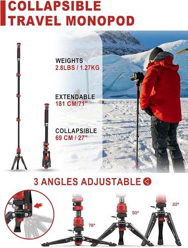 Ifootage COBRA 3 MONOPOD KIT مع رأس السوائل C180F -P + K5S ، Monopod ألياف الكربون مع أقدام لكاميرات DSLR - Canon ، Nikon ، Sony ، Olympus ، Panasonic - أقصى ارتفاع 71 " - حمولة 17.64 رطل/8 كجم/8 كجم in Saudi Arabia
