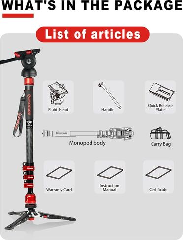 Ifootage COBRA 3 MONOPOD KIT مع رأس السوائل C180F -P + K5S ، Monopod ألياف الكربون مع أقدام لكاميرات DSLR - Canon ، Nikon ، Sony ، Olympus ، Panasonic - أقصى ارتفاع 71 " - حمولة 17.64 رطل/8 كجم/8 كجم in Saudi Arabia