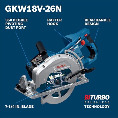 BOSCH GKW18V-26N PROFTACTOR 18V ​​7-1/4 "المقبض الخلفي منشار دائري-تقنية Biturbo بدون فرش ، 5000 دورة في الدقيقة ، تصميم مريح خفيف الوزن ، اتجاه الشفرة الأيسر ، الفرامل الإلكترونية ، منفذ الغبار (أداة عارية) in Kuwait
