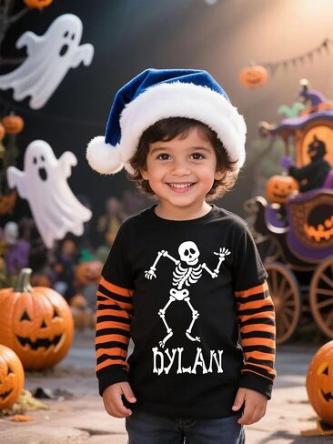 Kids Halloween Shirt Boys Girls Pumpkin Face Skeleton Ghost T-Shirt Glow in The Dark Long Sleeve Cotton Crewneck Tee in Saudi Arabia