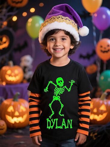 Kids Halloween Shirt Boys Girls Pumpkin Face Skeleton Ghost T-Shirt Glow in The Dark Long Sleeve Cotton Crewneck Tee in Saudi Arabia