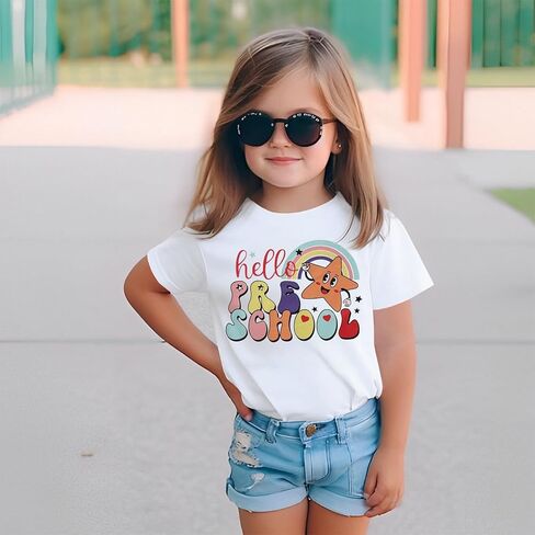MODNTOGA Kids Girl First Day of School Shirt Cute Rainbow Star Hello Pre-School Graphic T-Shirt Short Sleeve Summer Tee Tops in Saudi Arabia