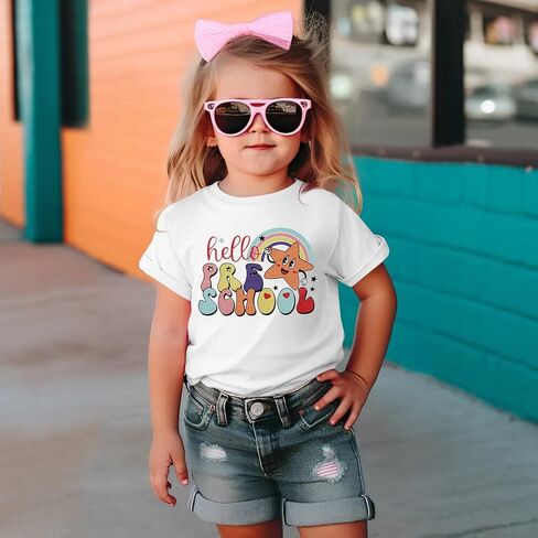 MODNTOGA Kids Girl First Day of School Shirt Cute Rainbow Star Hello Pre-School Graphic T-Shirt Short Sleeve Summer Tee Tops in Saudi Arabia
