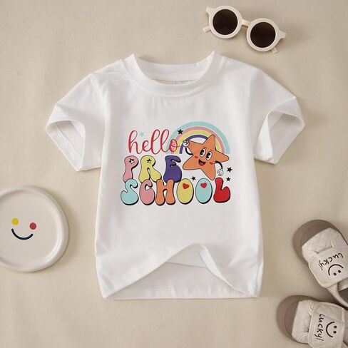 MODNTOGA Kids Girl First Day of School Shirt Cute Rainbow Star Hello Pre-School Graphic T-Shirt Short Sleeve Summer Tee Tops in Saudi Arabia