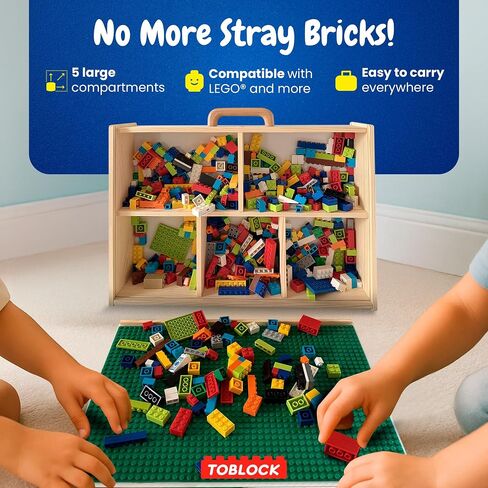صندوق خشبي لبنات البناء LEGO-منظم DIY مع غطاء منزلق ، لوحة أساسية ومقبض-حالة تخزين مسطحة للتجميع in Saudi Arabia