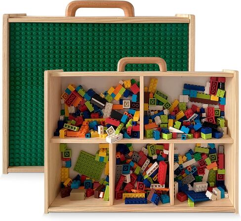 صندوق خشبي لبنات البناء LEGO-منظم DIY مع غطاء منزلق ، لوحة أساسية ومقبض-حالة تخزين مسطحة للتجميع in Saudi Arabia