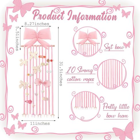 Long Bow Holder for Girls Hair Bow Organizer 31.5 Inch Pink Hanger Hair Accessories Storage Hanging Decoration for Girls Room Bedroom Living Room in Saudi Arabia