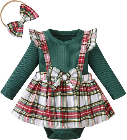 Baby Girl Clothes Sets: 2 Piece Long Sleeve Top Plaid Romper with Headband Fall Winter Outfit for Infant 0-24 Months in Kuwait