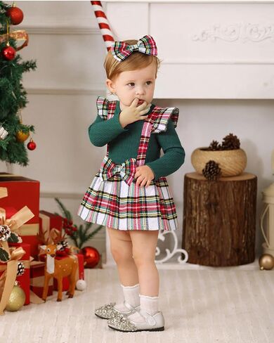 Baby Girl Clothes Sets: 2 Piece Long Sleeve Top Plaid Romper with Headband Fall Winter Outfit for Infant 0-24 Months in Kuwait