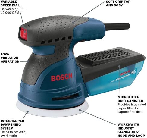 BOSCH ROS20VSC Palm Sander with Vacuum Dust Collector, 2.5 Amp 5 Inch Corded Variable Speed Random Orbital Sander, Polisher Kit with Soft Carrying Bag in Saudi Arabia