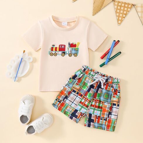 عودة طفل صغير إلى ملابس المدرسة في اليوم الأول من قميص المدرسة+مجموعة سراويل سروال صيفية مخططة in Kuwait