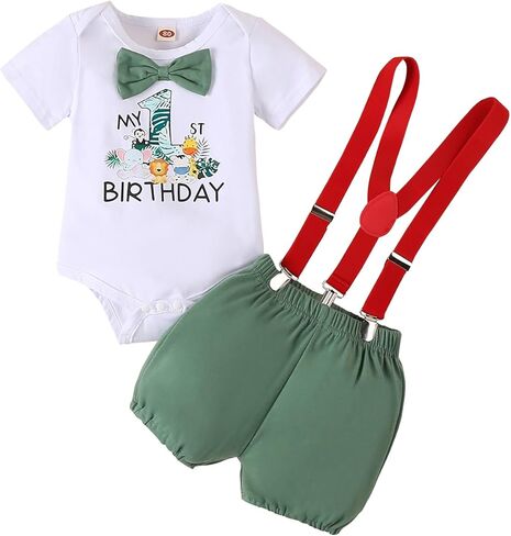 Baby Boy 1st Birthday Outfit Jungle Romper with Suspenders One Year Old Birthday Clothes in Kuwait