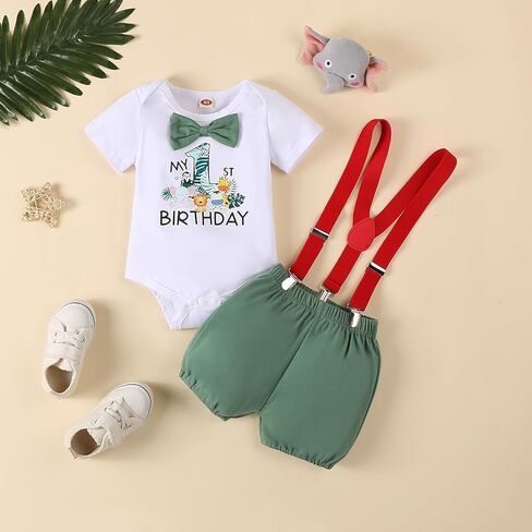 Baby Boy 1st Birthday Outfit Jungle Romper with Suspenders One Year Old Birthday Clothes in Kuwait