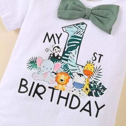 Baby Boy 1st Birthday Outfit Jungle Romper with Suspenders One Year Old Birthday Clothes in Kuwait