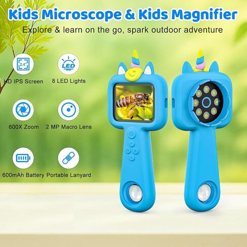600X Handheld Microscope for Kids, 2.4'' Rechargeable Mini Pocket Digital Microscope Outdoor Toys, Portable Microscopes for Kids 4-8 8-12, Christmas Birthday Gifts for Boys Girls (Blue) in Saudi Arabia