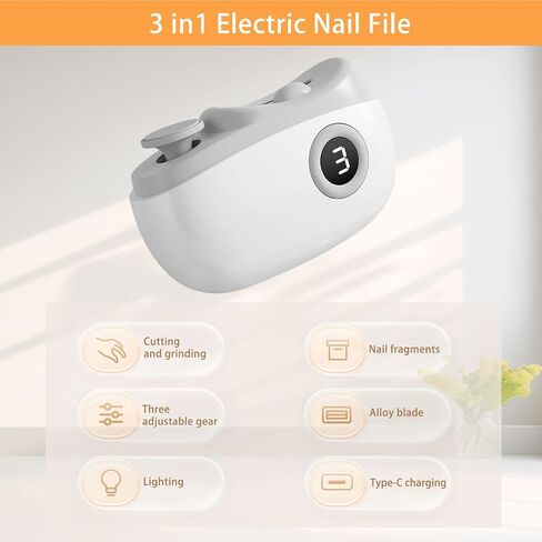 ZTJ 3-in-1 تقليم الأظافر الكهربائي ، وتخزين التلميع و scraps مع ضوء LED ، USB القابلة لإعادة الشحن و 3 سرعات التروس ، كليبرز الأظافر التلقائي للبالغين والرضع وكبار السن in Saudi Arabia