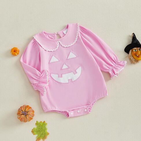 Newborn Baby Girls Halloween Outfit Pumpkin Bubble Romper Peter Pan Collar Ruffle Long Sleeve Bodysuit Clothes in Saudi Arabia