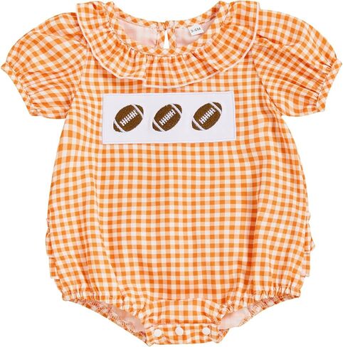 Newborn Baby Girl Football Outfit Smocked Bubble Romper Rugby Short Sleeve Plaid Bodysuit Infant Summer Clothes in Saudi Arabia