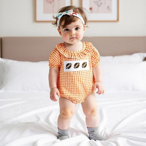 Newborn Baby Girl Football Outfit Smocked Bubble Romper Rugby Short Sleeve Plaid Bodysuit Infant Summer Clothes in Saudi Arabia