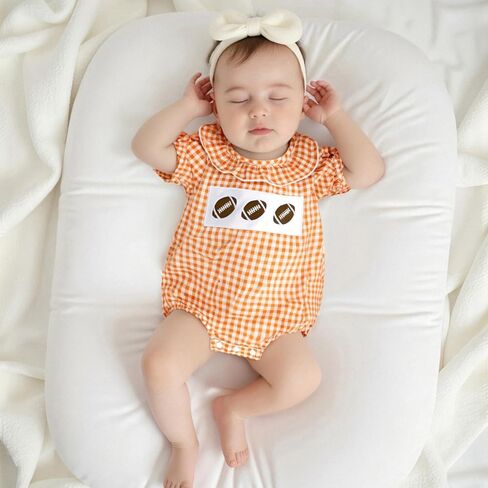 Newborn Baby Girl Football Outfit Smocked Bubble Romper Rugby Short Sleeve Plaid Bodysuit Infant Summer Clothes in Saudi Arabia