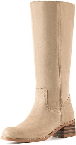 WIRALOMI Women's Knee High Campus Boots Square Toe Chunky Block Low Heel Long Boots for Women Wide Calf in Kuwait
