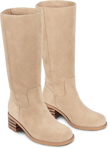 WIRALOMI Women's Knee High Campus Boots Square Toe Chunky Block Low Heel Long Boots for Women Wide Calf in Kuwait