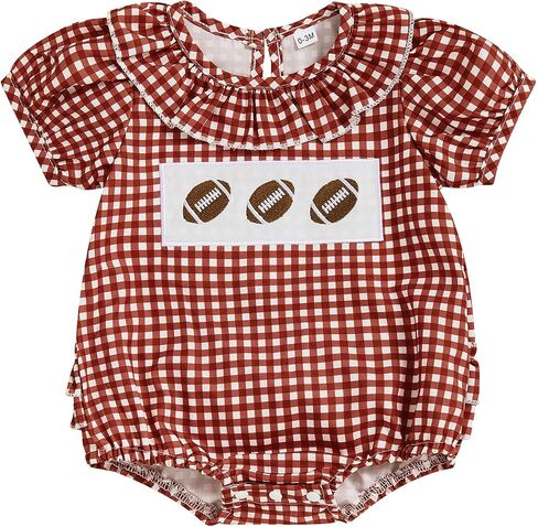 Newborn Baby Girl Football Outfit Smocked Bubble Romper Rugby Short Sleeve Plaid Bodysuit Infant Summer Clothes in Saudi Arabia