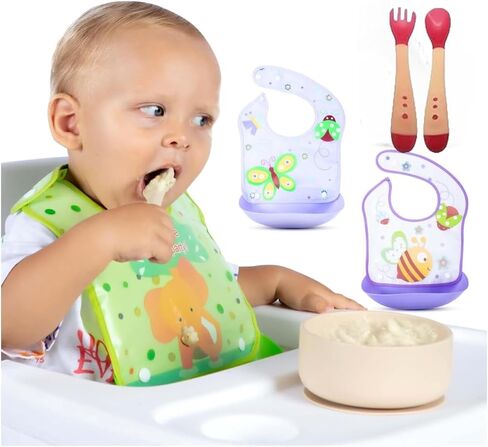 Baby & Toddler Essentials: 3 Gender Neutral Bibs with Temperature Sensitive Spoon and Fork - Washable, Removable/Detachable Food & Drool Catcher, Adjustable Snaps - Cartoon & Animal Graphics. in Kuwait
