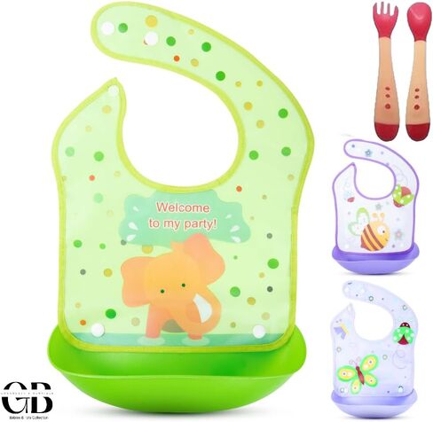 Baby & Toddler Essentials: 3 Gender Neutral Bibs with Temperature Sensitive Spoon and Fork - Washable, Removable/Detachable Food & Drool Catcher, Adjustable Snaps - Cartoon & Animal Graphics. in Kuwait