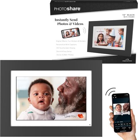 Simply Smart Home Photoshare 8" WiFi Digital Picture Frame, Send Pics from Phone to Frames, 8 GB, Holds 5,000+ Photos, HD Touchscreen, Black Wood Frame, Easy Setup, No Fees in Kuwait