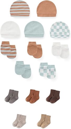 15 Pack Unisex New Born Boy Girls No Scratch Mittens Sets Cotton Soft Baby Gloves Hats socks Accessory 0-6 Months in Kuwait
