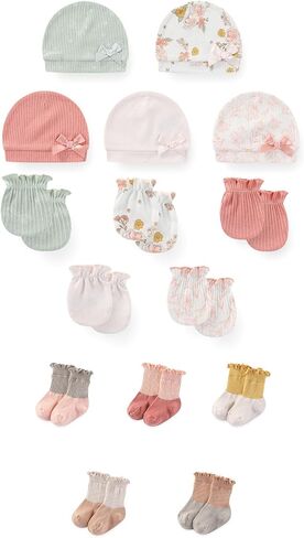 15 Pack Unisex New Born Boy Girls No Scratch Mittens Sets Cotton Soft Baby Gloves Hats socks Accessory 0-6 Months in Kuwait