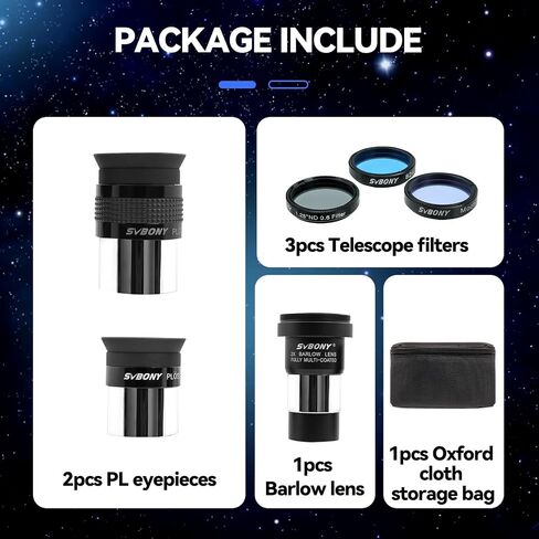 SVBONY SV48P 102mm Telescope, F6.5 Refractor Bundle with SV233 7PCS Telescope Accessory Kit, Plossl Eyepieces, 2X Barlow Lens, Moon/ND4/82A Color Filters and Portable Bag, for Astronomical Visual in Saudi Arabia