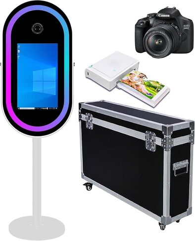 Elliptical Mirror Photo Booth Selfie LED Frame Portable 21.5in Touch Screen Magic Mirror Booth Machine for Party Events Wedding with RGB Light (White, Photo Booth+Camera+Mini Printer) in Kuwait