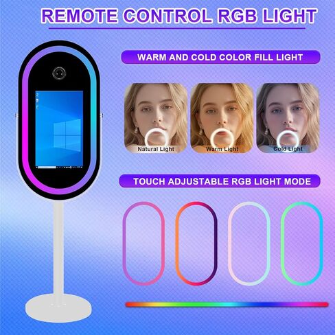 Elliptical Mirror Photo Booth Selfie LED Frame Portable 21.5in Touch Screen Magic Mirror Booth Machine for Party Events Wedding with RGB Light (White, Photo Booth+Camera+Mini Printer) in Kuwait
