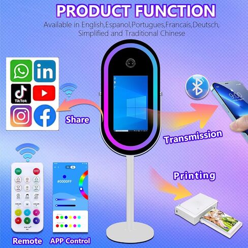 Elliptical Mirror Photo Booth Selfie LED Frame Portable 21.5in Touch Screen Magic Mirror Booth Machine for Party Events Wedding with RGB Light (White, Photo Booth+Camera+Mini Printer) in Kuwait