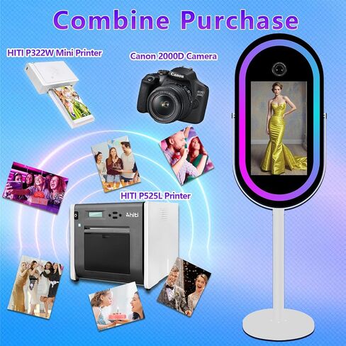 Elliptical Mirror Photo Booth Selfie LED Frame Portable 21.5in Touch Screen Magic Mirror Booth Machine for Party Events Wedding with RGB Light (White, Photo Booth+Camera+Mini Printer) in Kuwait