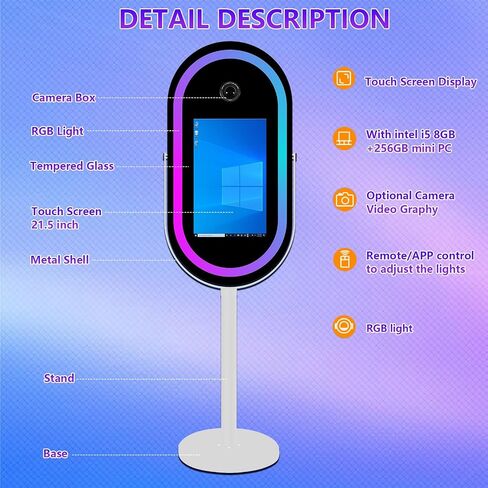 Elliptical Mirror Photo Booth Selfie LED Frame Portable 21.5in Touch Screen Magic Mirror Booth Machine for Party Events Wedding with RGB Light (White, Photo Booth+Camera+Mini Printer) in Kuwait