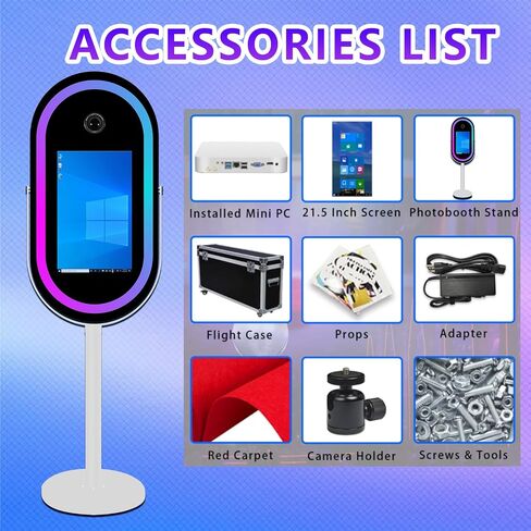Elliptical Mirror Photo Booth Selfie LED Frame Portable 21.5in Touch Screen Magic Mirror Booth Machine for Party Events Wedding with RGB Light (White, Photo Booth+Camera+Mini Printer) in Kuwait