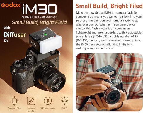 Godox iM30 Mini Flash Camera Flash with Diffuser, GN 15,7 Power Levels,CCT 6500K±200K,Manual Flash Speedlite for Canon/Sony zv1/Sony zve10 /Ricoh gr3/Nikon/Fuji f1-230 Full-Power Flashes/3.6S Recycle in Saudi Arabia
